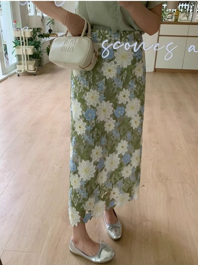 Floral Green Straight Skirt Embroidery Elegant