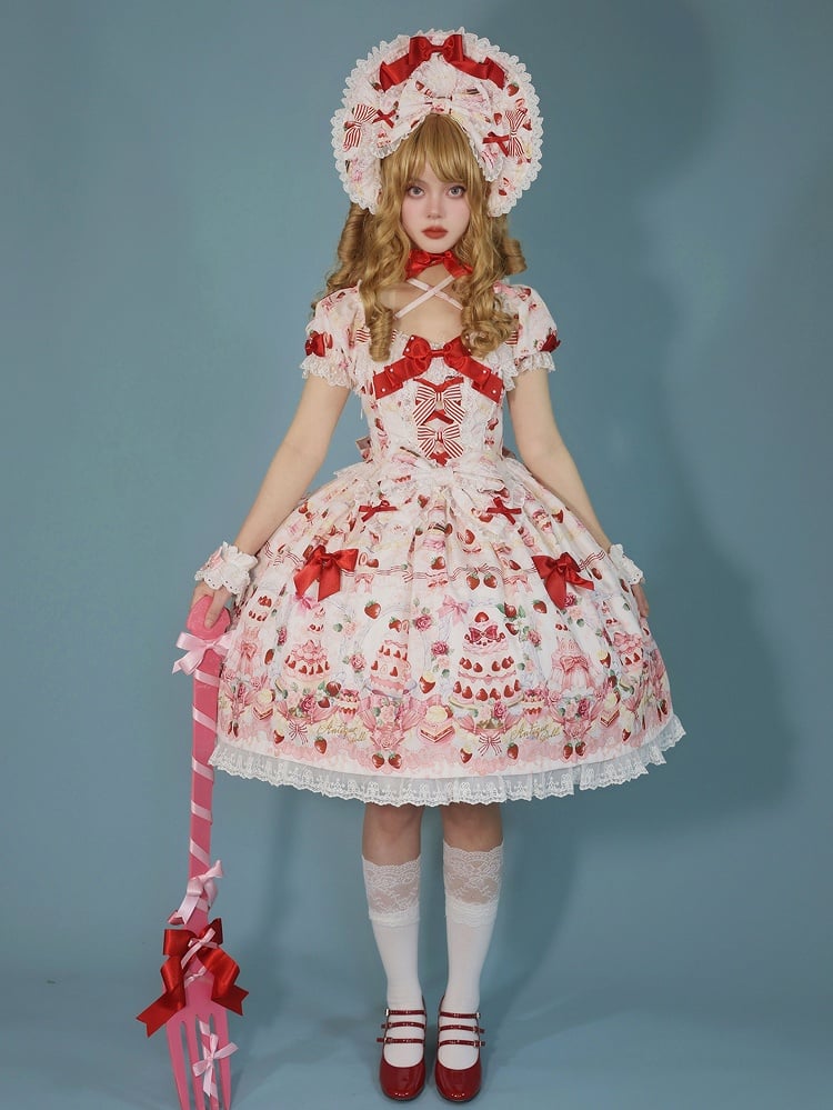 / White Lolita Print Accents Strawberry Bow Sweet Full Dress Cake Set