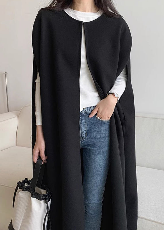 Black Oversized Women Sleeveless Pockets Coats Woolen