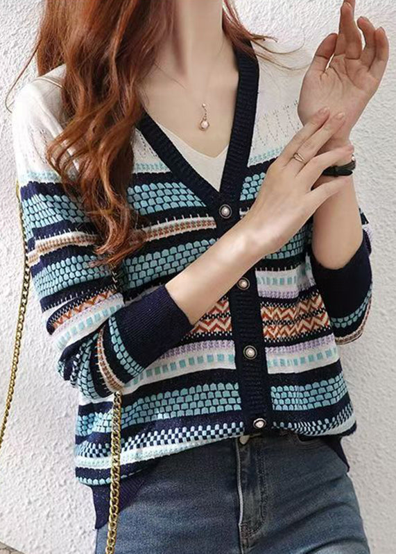 Women Colorblock V Neck Striped Patchwork Button Knit Cardigans Fall QP010