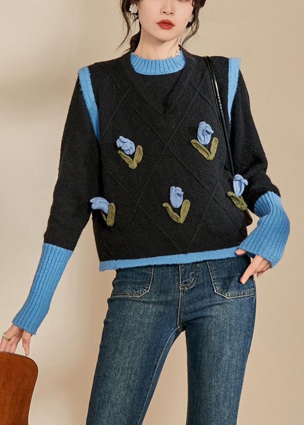 Casual Blue O-Neck Patchwork Cotton Knit Sweaters Winter WV005