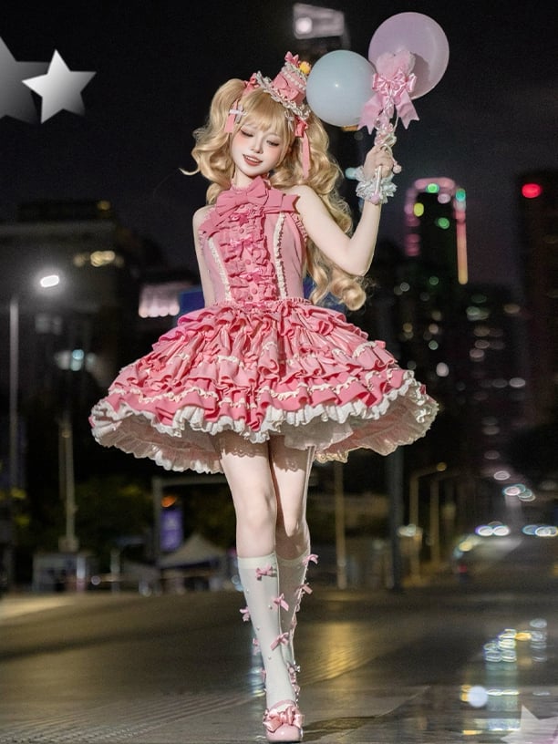 Dress Lolita Idol Accents Pink Rose Ruffle Bow Tiered Neck Sweet Halter Skirt