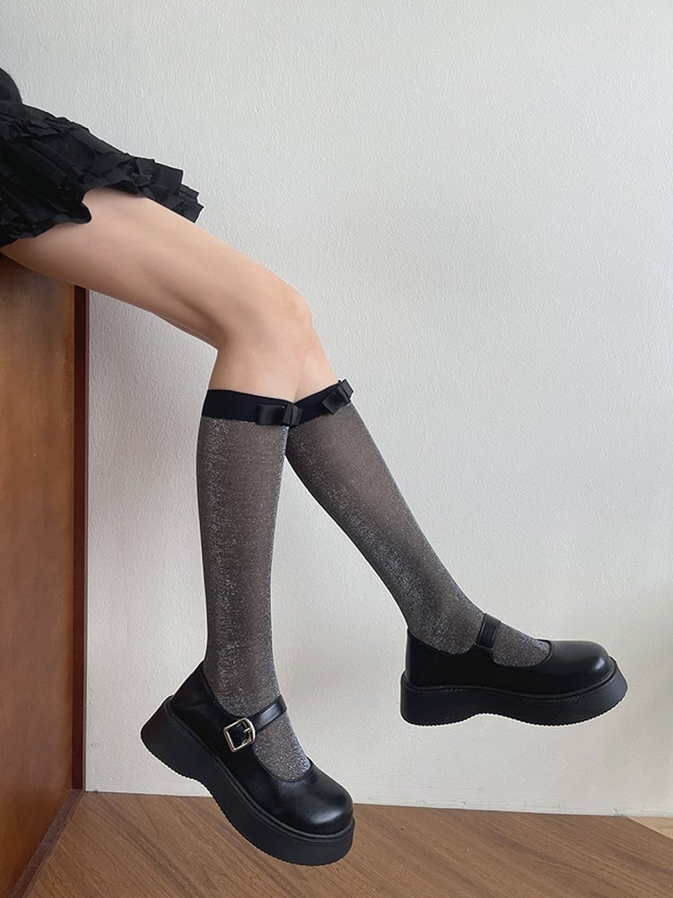 Grey/Black Bowknot Underknee Details Semi-sheer Light Stockings