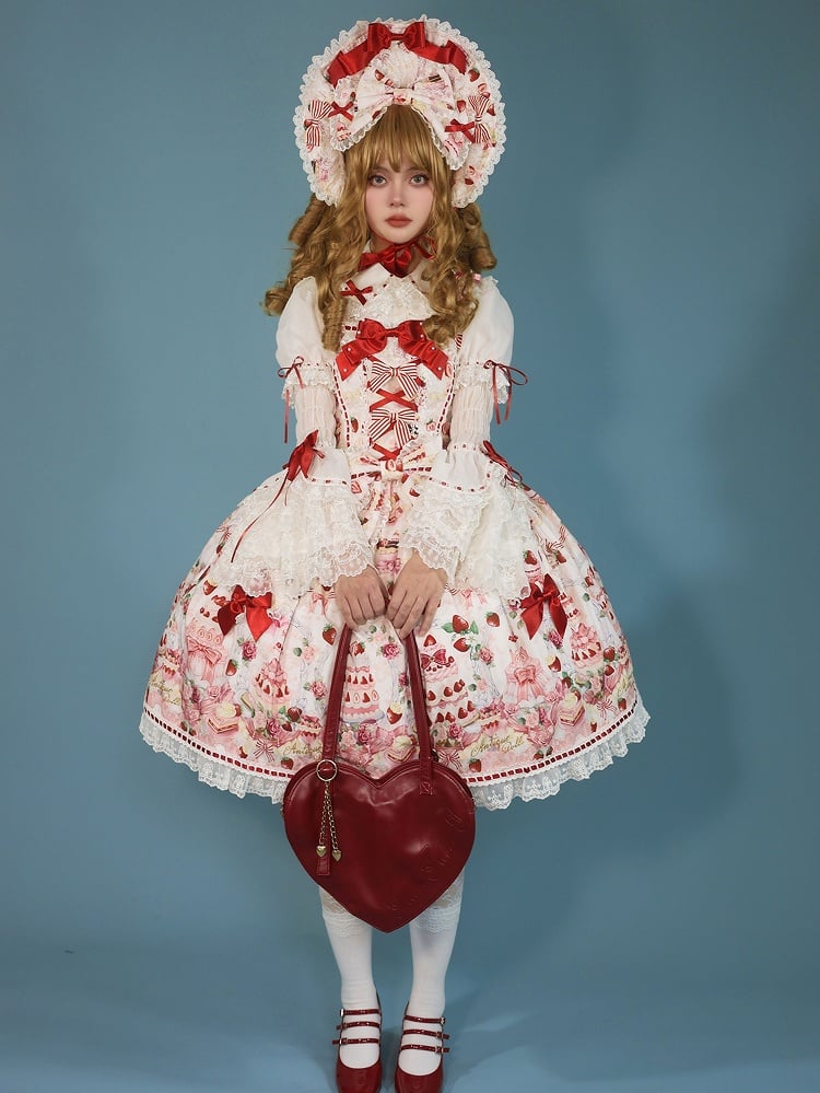 Desserts Accents Strawberry JSK and / Print Sweet Bow Lolita Full White Set