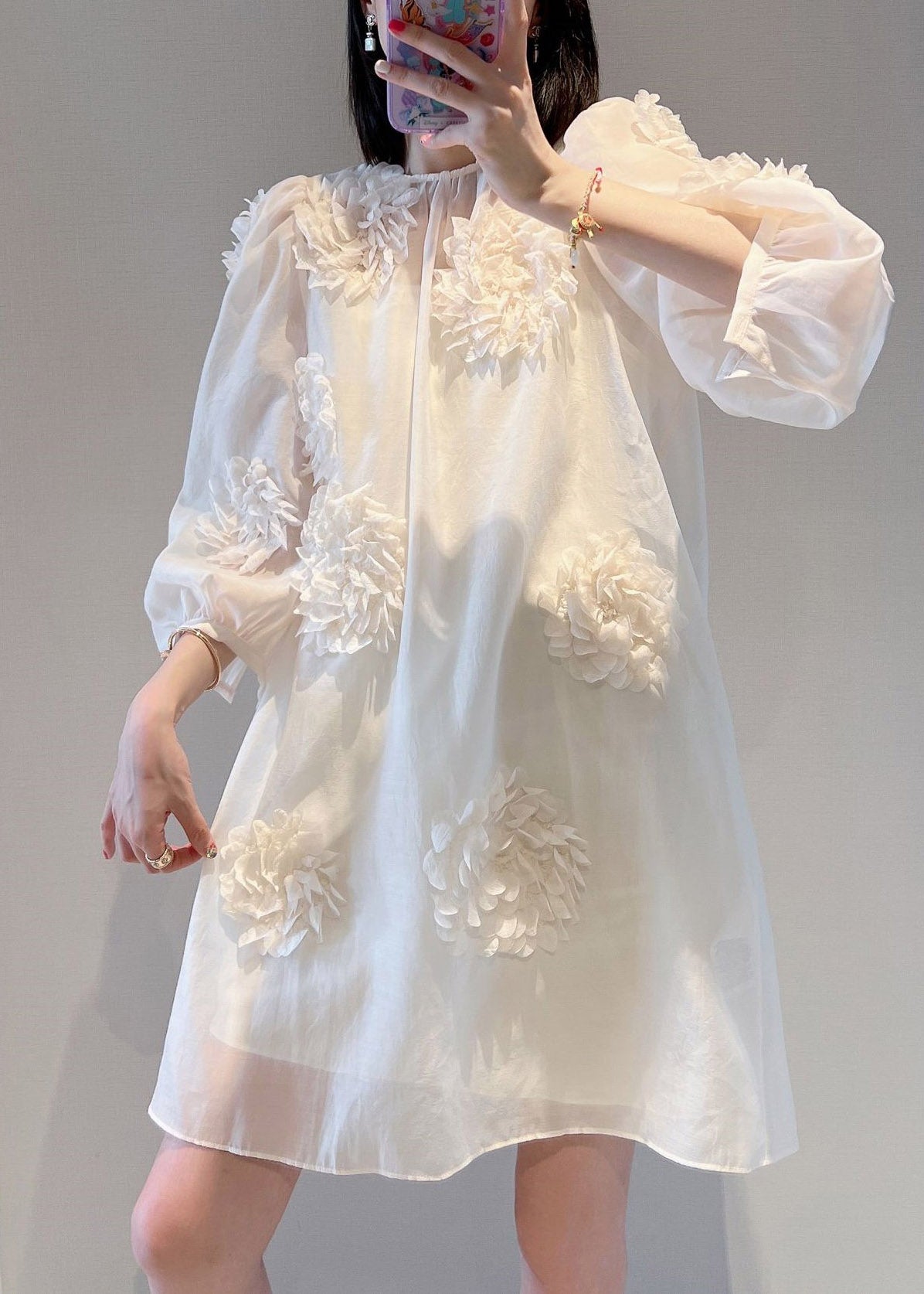 Loose Pink O-Neck Floral Mid Dress Long Sleeve EE007