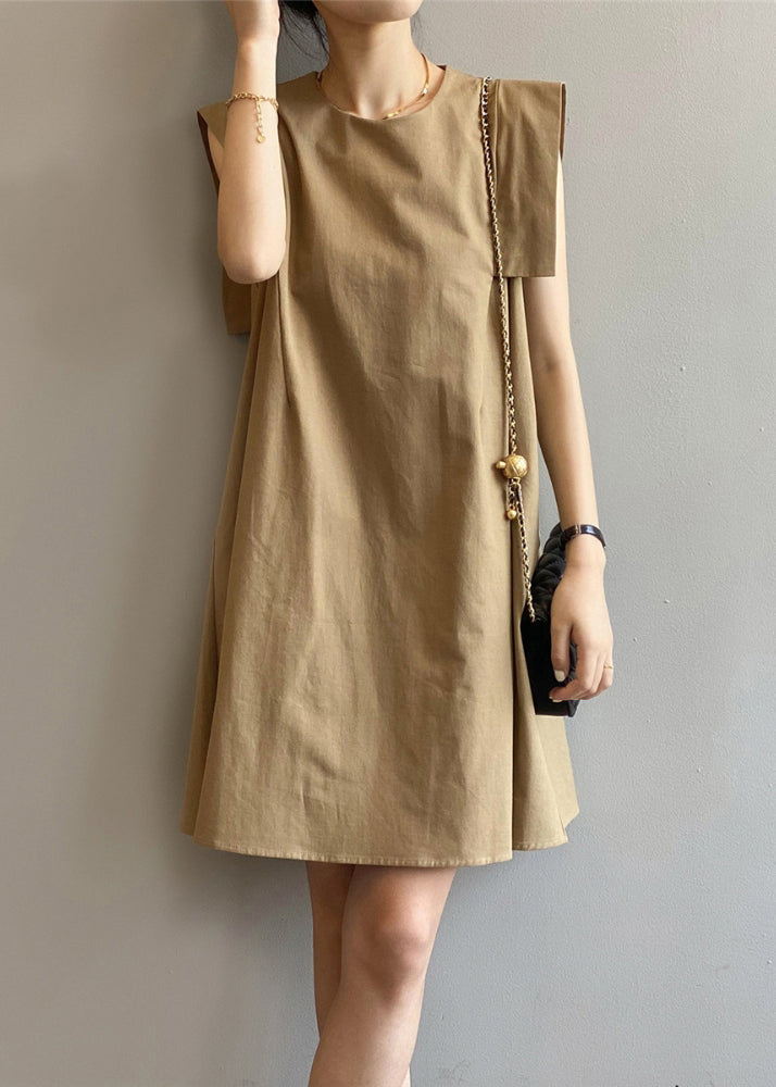 Sleeveless Elegant Dress Day Cotton O-Neck Khaki