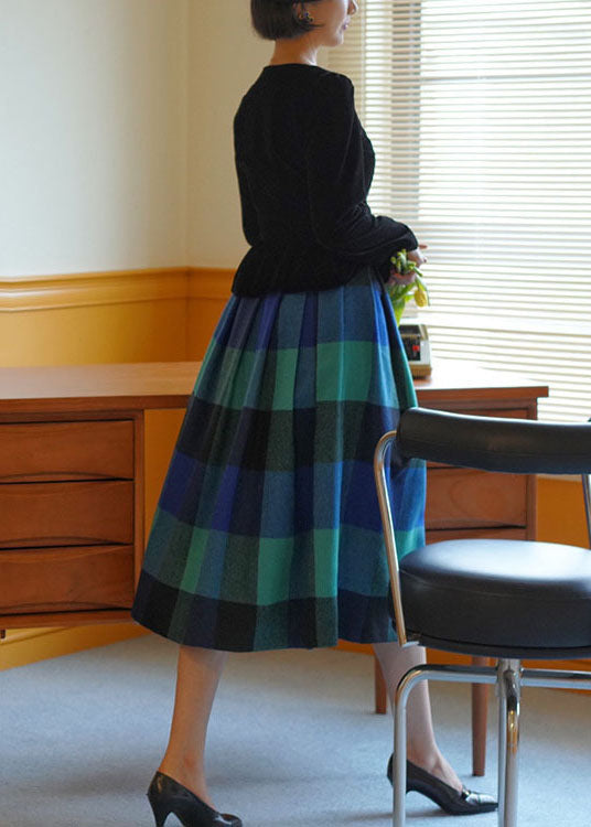 Unique Blue High Waist Plaid Wool Pleated Skirt Spring AJ1001