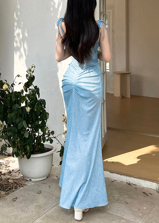 Spaghetti Dinner Design Dress Wrinkled Original Blue Strap