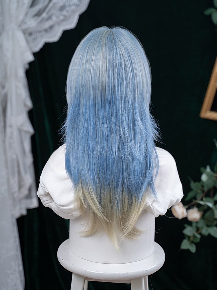 Air Hair 65CM With Bangs Length Cut Wig Color Blue Ombre Straight Hime