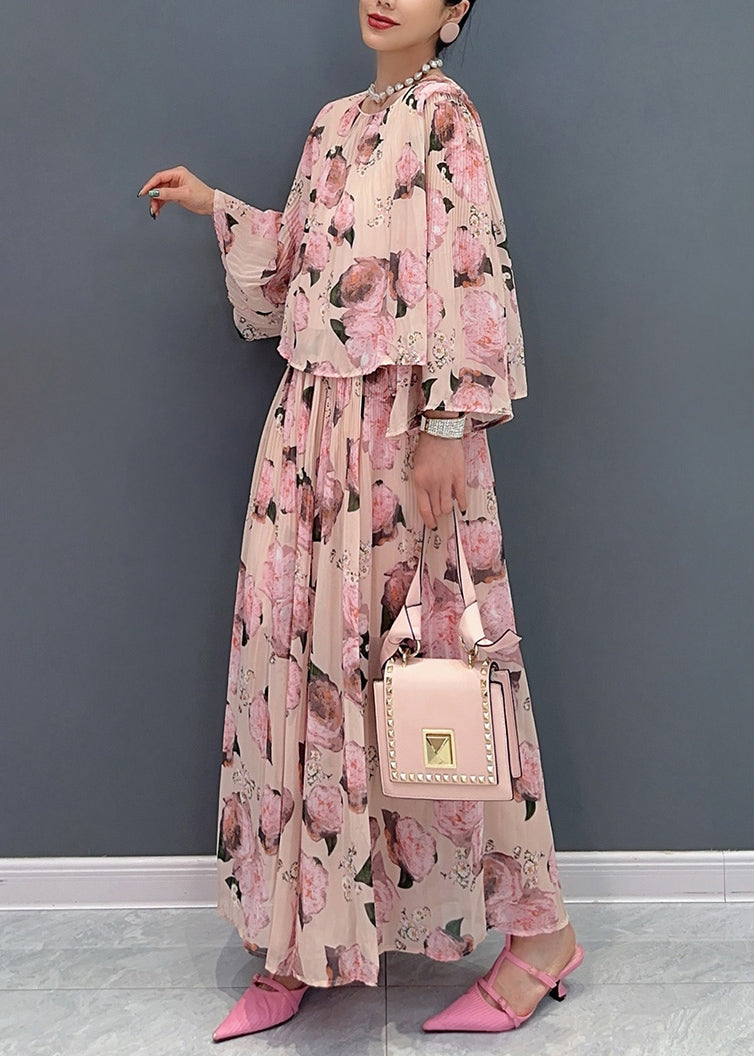 Edler rosa Chiffon-Zweiteiler mit Rundhalsausschnitt und Print, Damenbekleidung, Sommer, AO1010 