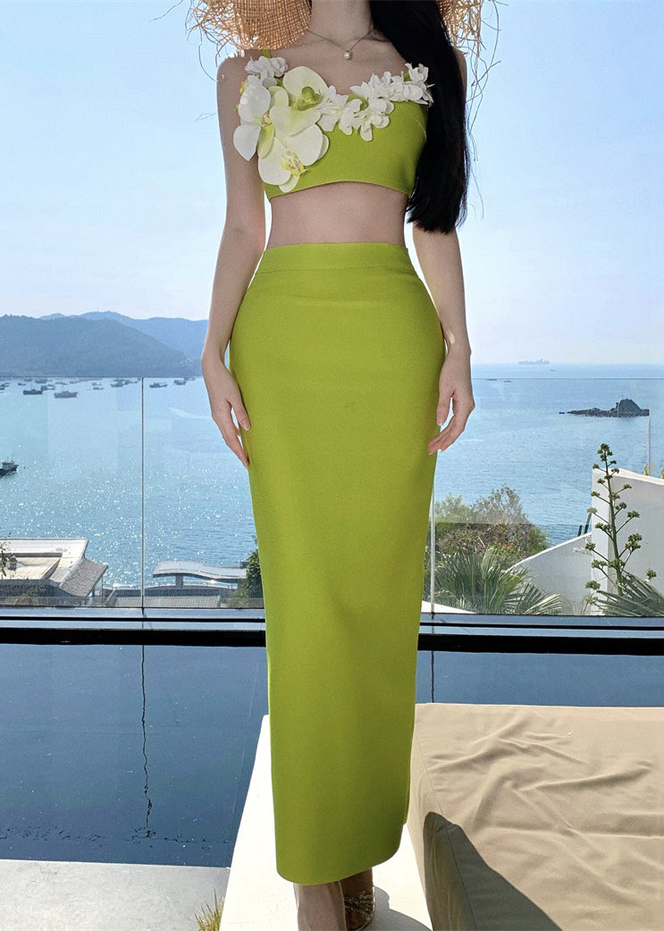 Open Skirts Cotton And Side Two-Piece Chic Set Floral Tank Green