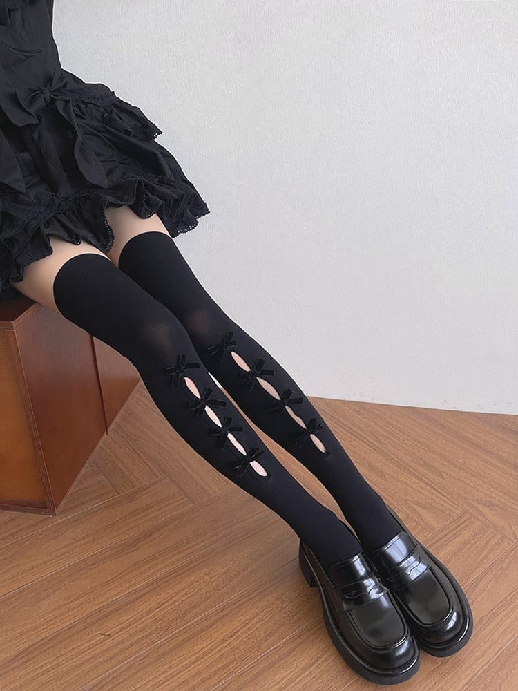 Bowknot Black/White Overknee Stockings Cut-out Design