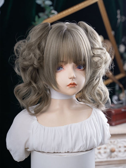 With Length Double Ponytail Wig 30CM Synthetic Claw Brown Gray Clips