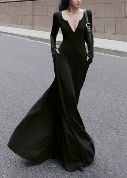 Black V Simple New Long Cotton Slim Dress Neck Fit Spring