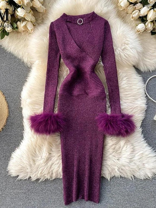 Modern Purple V-neck Hollow Out Halter Long Sleeve With Fur Knit Dress