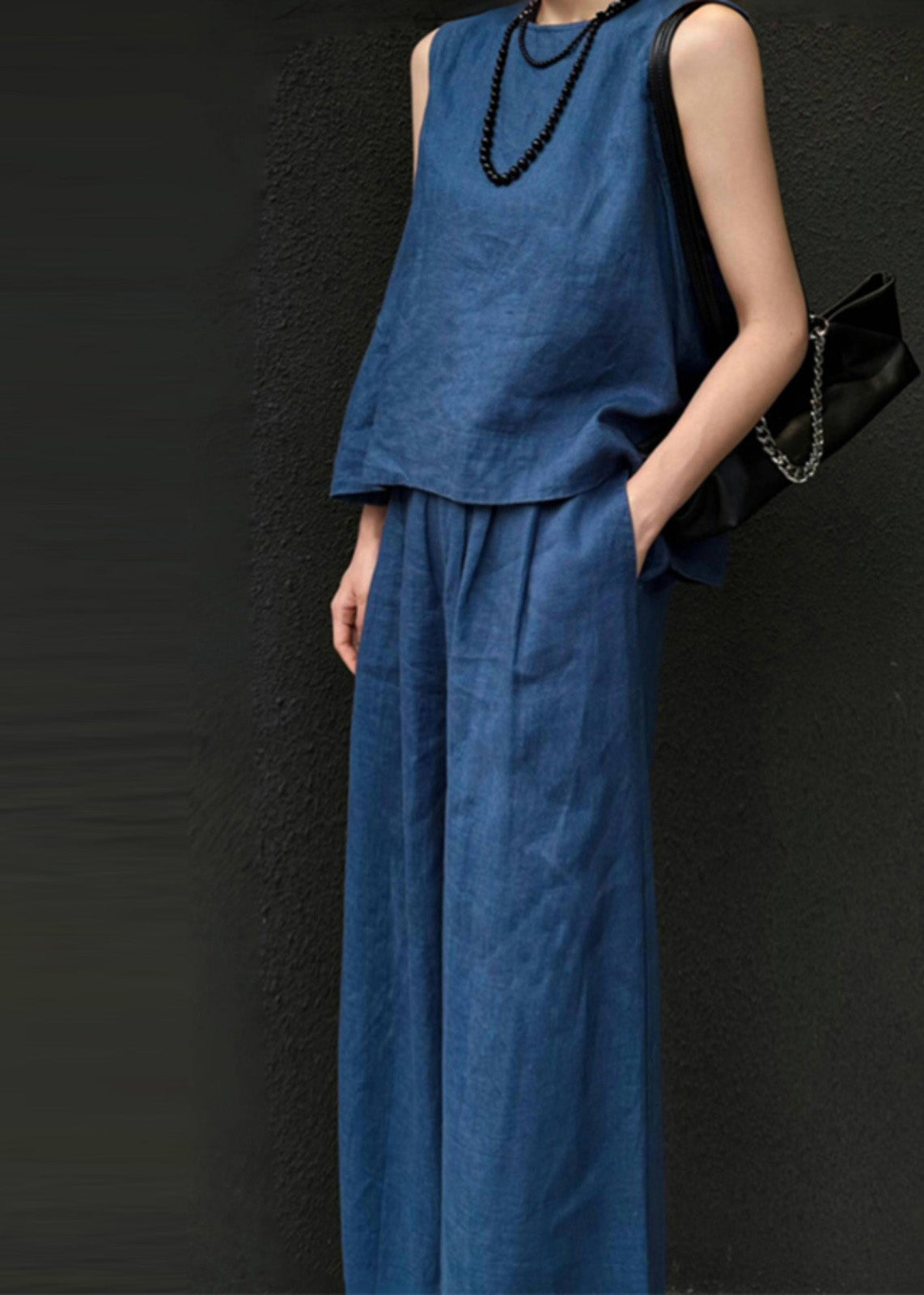 Women Blue Linen Vest And Wide Leg Pants Two Pieces Set Sleeveless AN1026