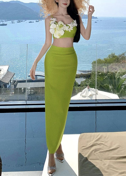 Open Skirts Cotton And Side Two-Piece Chic Set Floral Tank Green