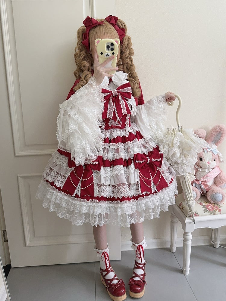 Lolita Red Bows Dress Tiered Skirt Decoration Big Hanayome