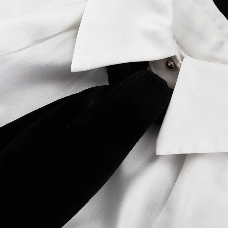 Sleeve Shoulder Satin Off Lapel Tie Party with White Top Long