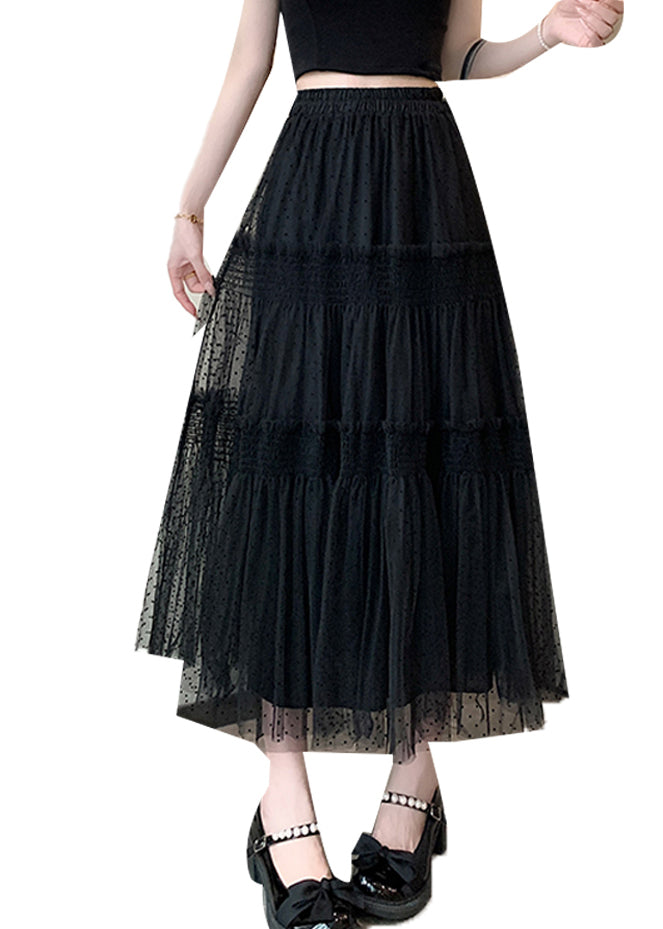 Women Black Ruffled Patchwork Elastic Waist Tulle Skirt Summer TT1006