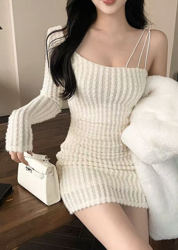 Slim Asymmetrical Solid Fit White Spring Mid Knit Dress