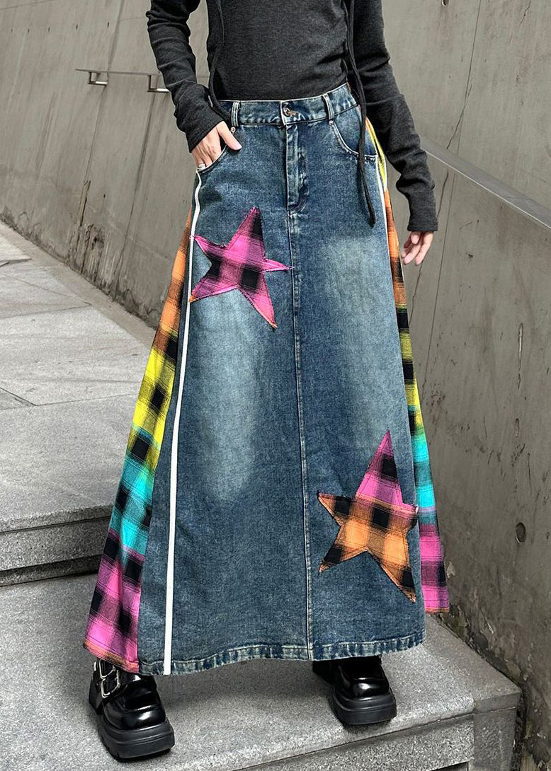 Denim Waist Rose Patchwork Modern Skirts Elastic Asymmetrical