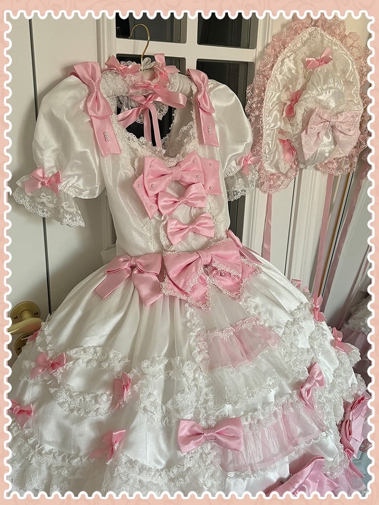 Dress Sweet Princess Pink Lolita with Detachable Bow Accents Sleeves Waist High White