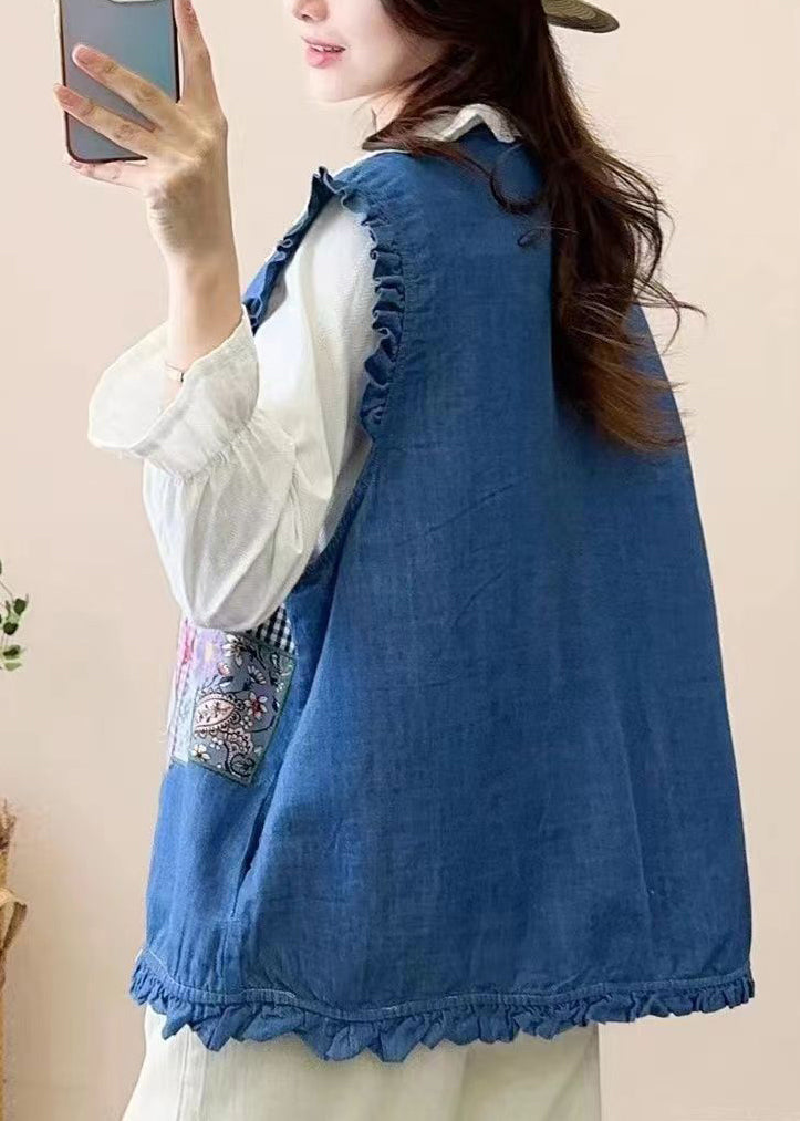 Cute Navy Embroidered Patchwork Button Waistcoat Sleeveless NN038