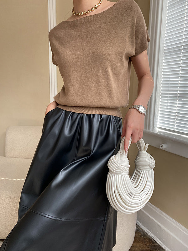 Short Neck Top Stylish Pink Boat Knit Sleeve Loose