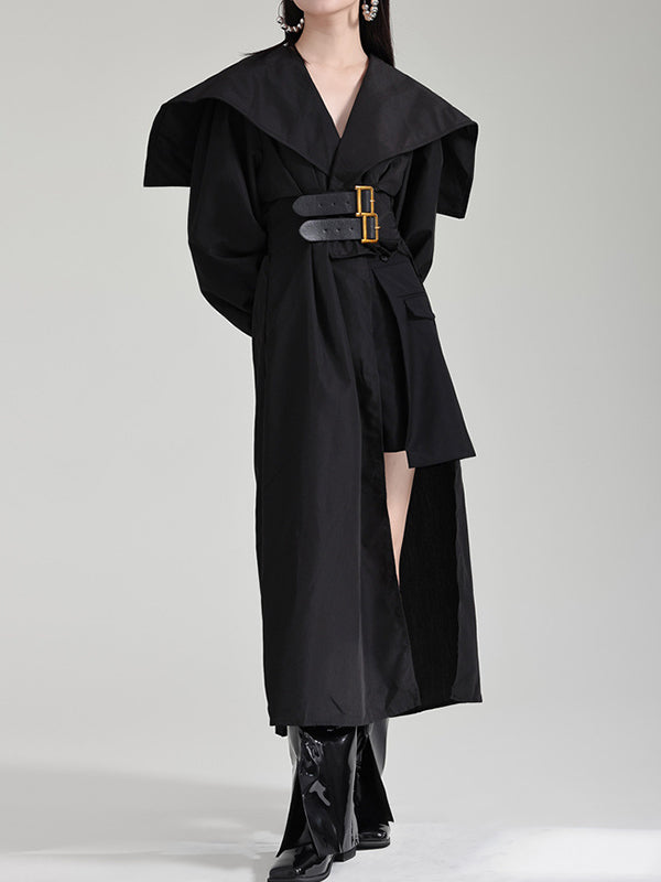 High Belted Pleated Lapel Long Black Asymmetric Waisted Modern