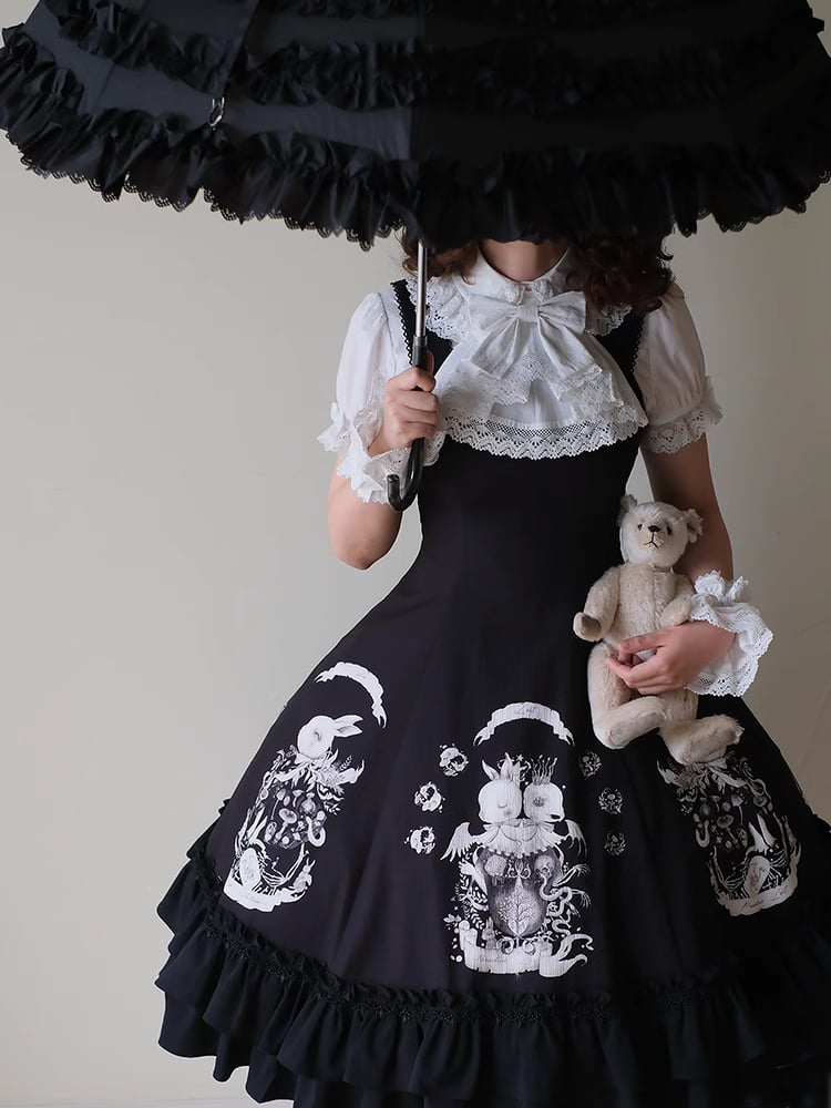Print Fit Gothic Slim Waist Dark Black Lolita Dress Bunny