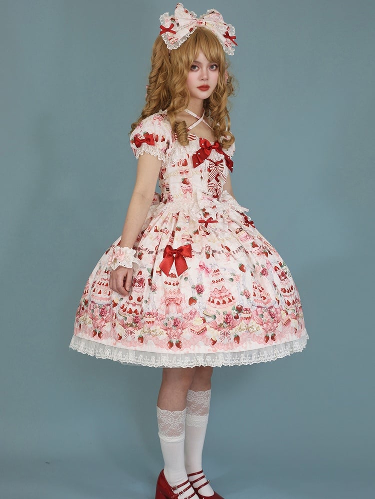 / White Lolita Print Accents Strawberry Bow Sweet Full Dress Cake Set