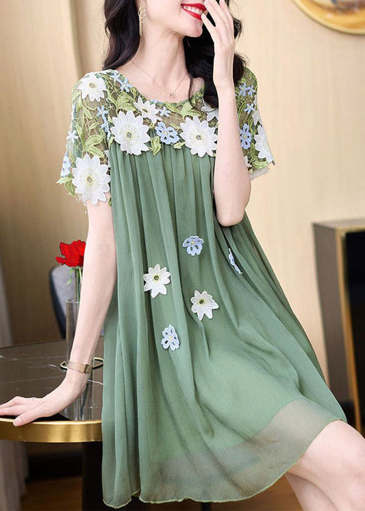 Boho Green O-Neck Embroidered Patchwork Tulle Mid Dresses Short Sleeve AZ1018