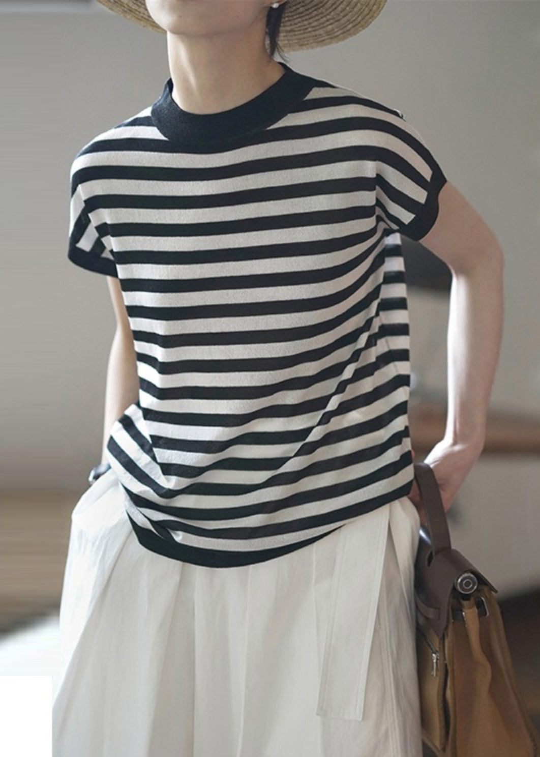 Tanks Stand Cotton Summer Striped Collar Red Women