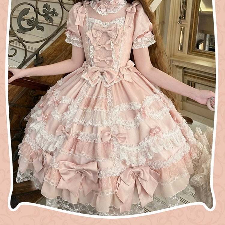 Waist Bow Princess Accents Sweet Sleeves Dress Lolita High Pink with Detachable