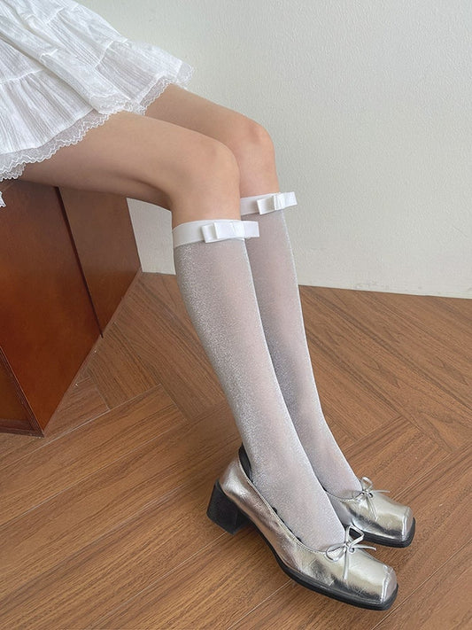 Grey/Black Bowknot Underknee Details Semi-sheer Light Stockings