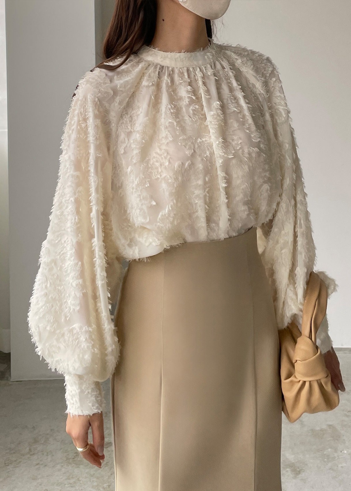 Top Classy Tasseled Beige Shirt Lantern Chiffon Sleeve