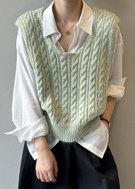 Women Light Green U Neck Cable Knit Vest Sleeveless WD001