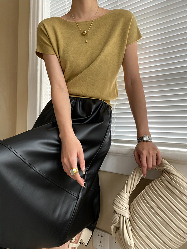 Short Neck Top Stylish Pink Boat Knit Sleeve Loose