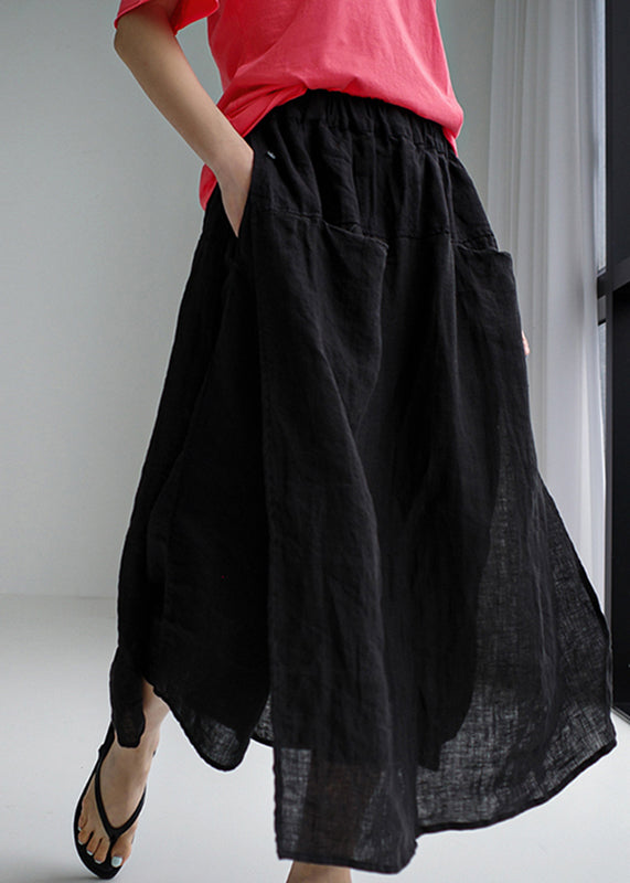 Summer Black Open Skirt Pants Simple Side Linen