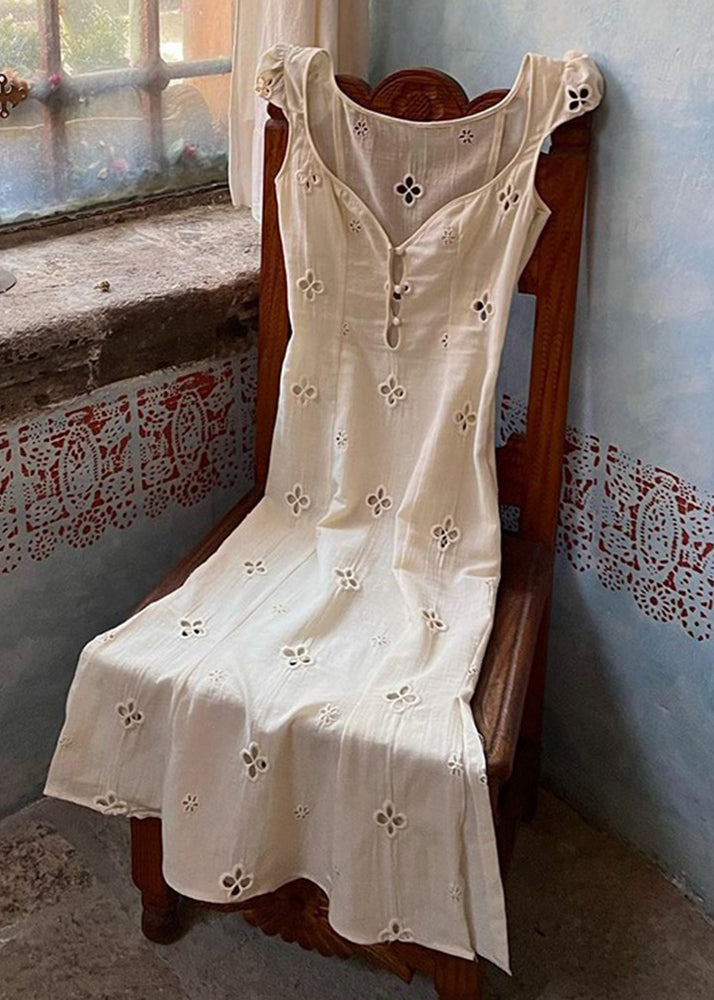 French White Hollow Out Embroidered Cotton Slim Fit Dress Summer