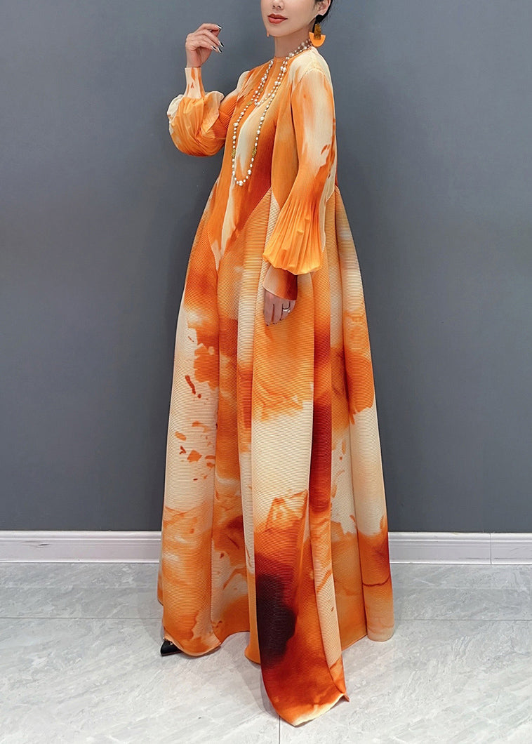Dress Long Spring Chiffon Orange Collar Chic Wrinkled Stand