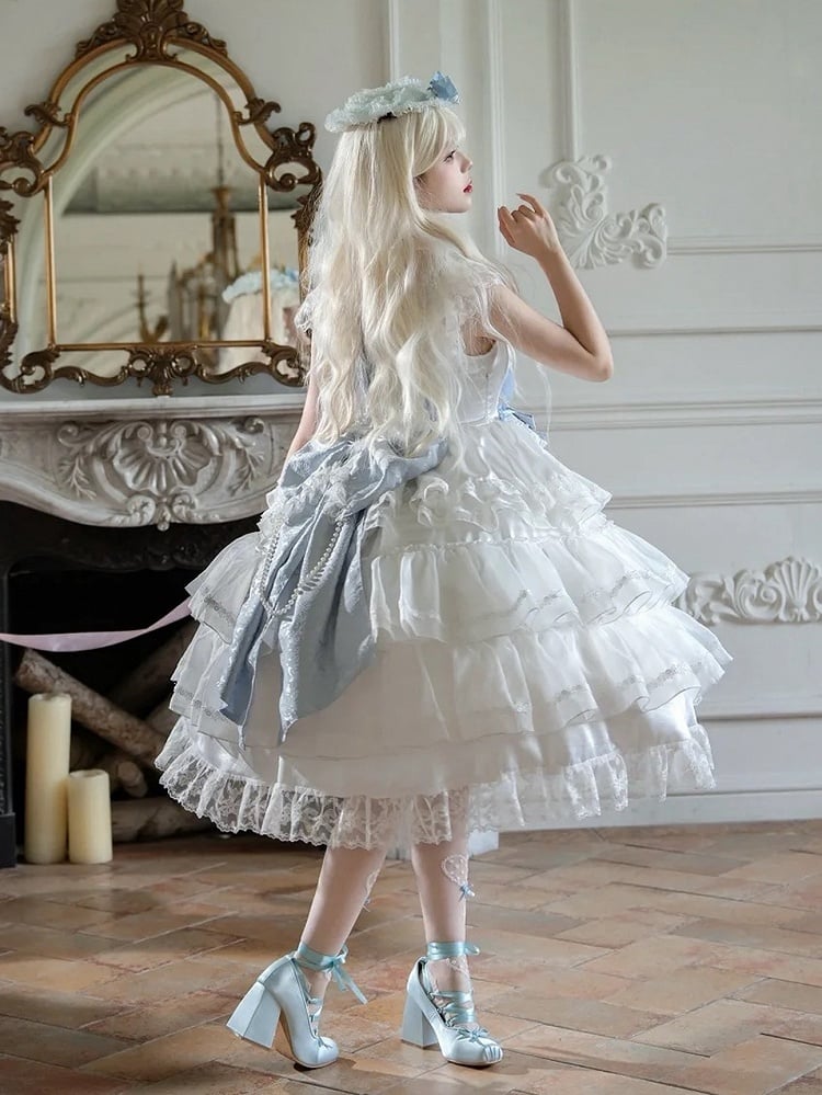 Set Hanayome JSK Dress Bows Decoration Full Blue White Skirt Tiered Hime Lolita and