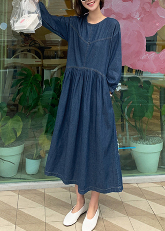 Casual Denim Blue O-Neck Wrinkled Patchwork Long Dress Spring TT1049