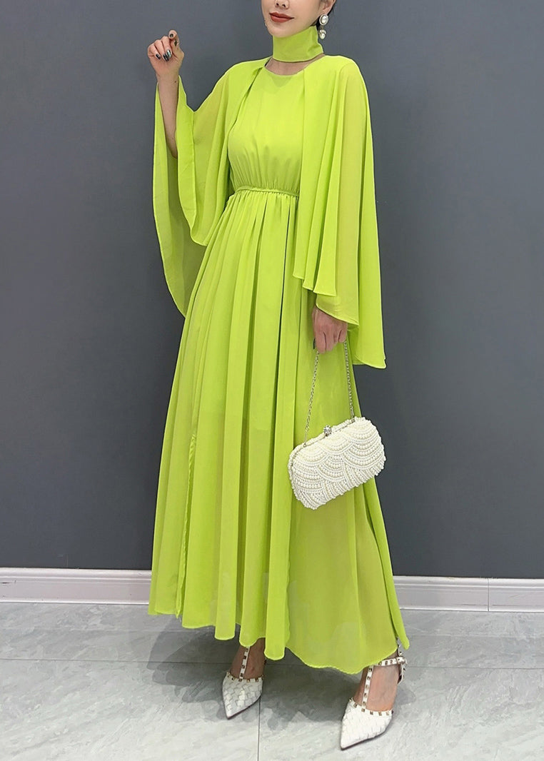 Fitted Green Shawl Collar Patchwork Vacation Maxi Dresses Flare Sleeve AO1031