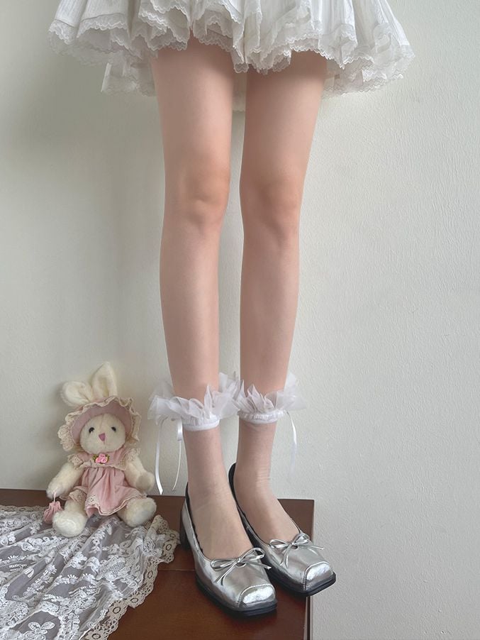 Calf Lace White/Black Socks Ruffled Tulle