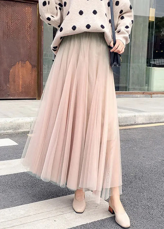 Simple Coffee Solid Elastic Waist Tulle Skirt Spring G197
