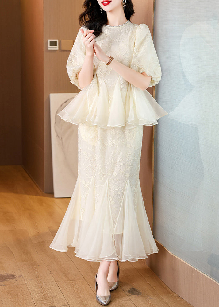 Two Skirt And Tops Fishtail Silk Beige Embroidered Chic Pieces