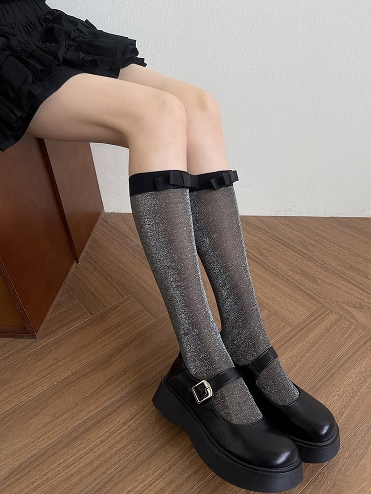 Grey/Black Bowknot Underknee Details Semi-sheer Light Stockings