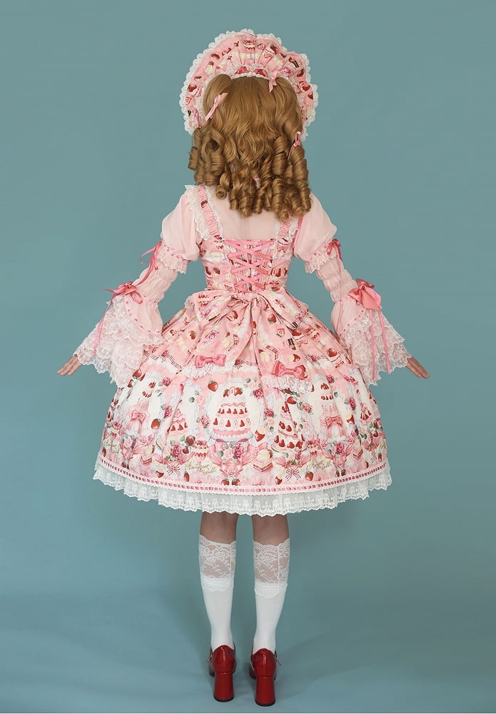 JSK Sweet Lolita Pink Desserts Set / Print and Full Bow Strawberry Accents